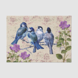 Papel De Seda Aves azules vintage, flores moradas, música beige