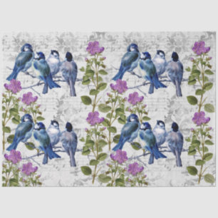 Papel De Seda Aves azules vintage, flores moradas, música gris