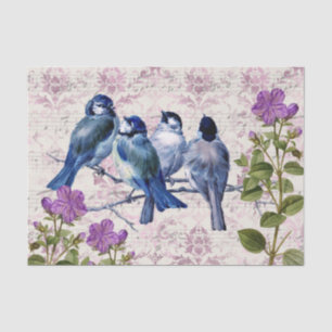 Papel De Seda Aves azules vintage, flores púrpuras, música Laven
