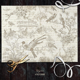 Papel De Seda Aves Beige Vintage Flores de escritura francesa