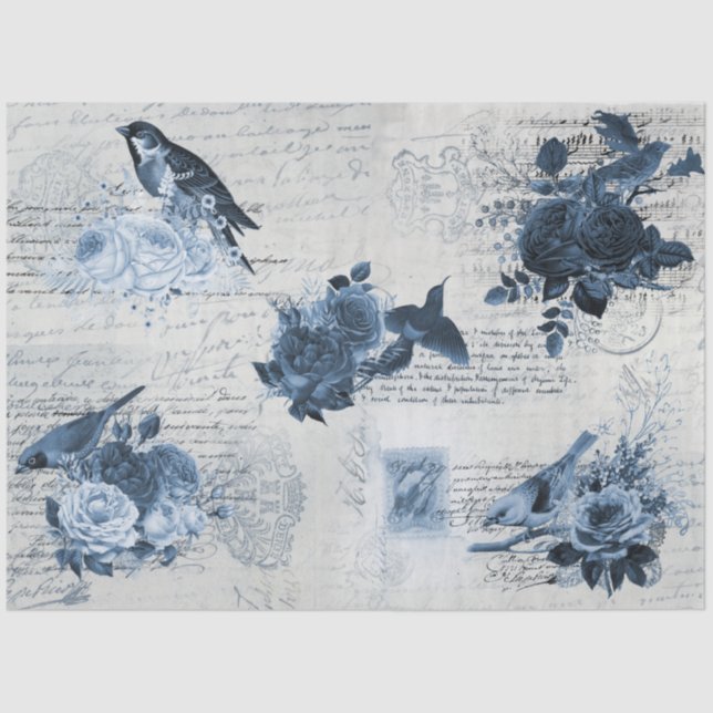 Papel De Seda Aves botánicas de época Flores azules Desnuda (Anverso)