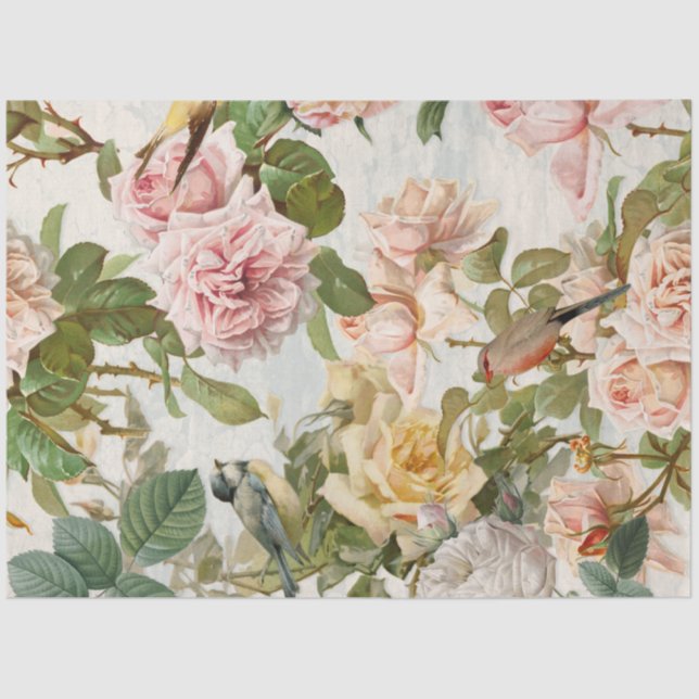 Papel De Seda Aves botánicas de rosas amarillas rosadas vertical (Anverso)