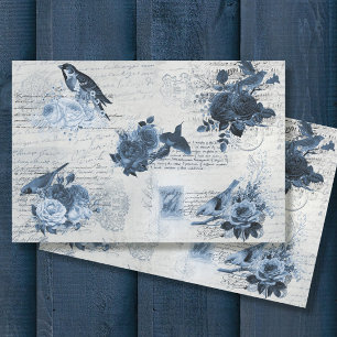 Papel De Seda Aves Botánicas Vintage Flores Azules Decoupage Tis