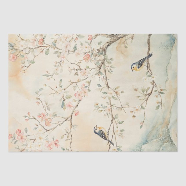 Papel De Seda Aves chinas y flores (Anverso)