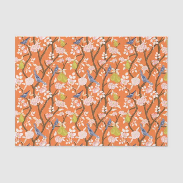 Papel De Seda Aves Chinoiserie naranja y azul (Anverso)