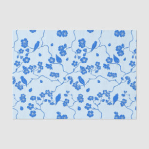 Papel De Seda Aves con flores de cerezo azules en azul