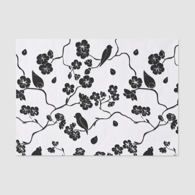 Papel De Seda Aves con motivos blancos y negros en flores de cer (Anverso)