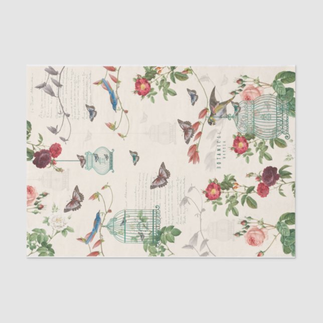 Papel De Seda Aves de época, mariposas y desconchazón de pájaros (Anverso)