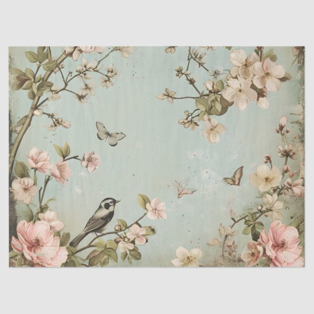 Papel De Seda Aves de época y mariposas cultivan el árbol de flo (Anverso)