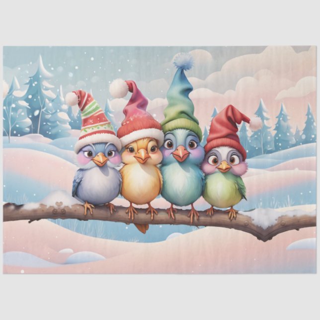 Papel De Seda Aves de fantasía con Navidades gorras (Anverso)
