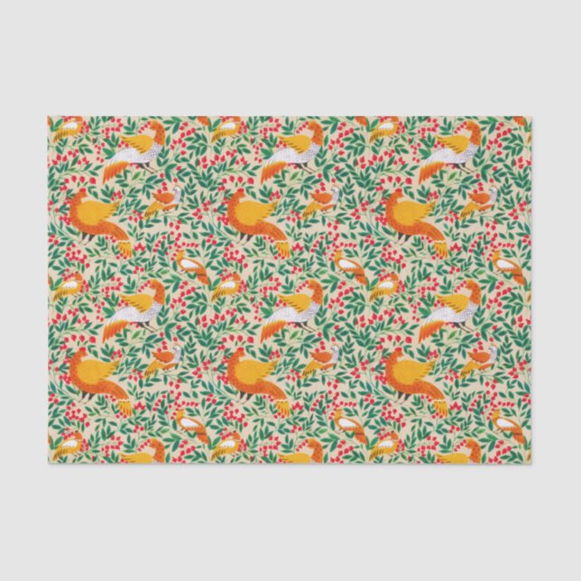 Papel De Seda Aves de pavo real verdes de un jardín de cosecha (Anverso)