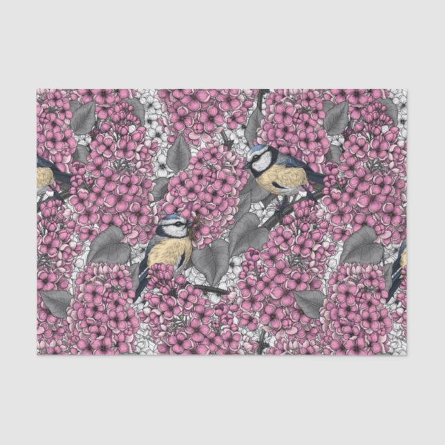 Papel De Seda Aves en un jardín de lilas rosadas (Anverso)