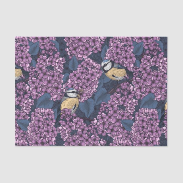 Papel De Seda Aves en un jardín lila violeta (Anverso)