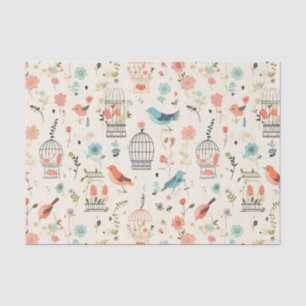 Papel De Seda Aves extravagantes en la cosecha azul y Naranja