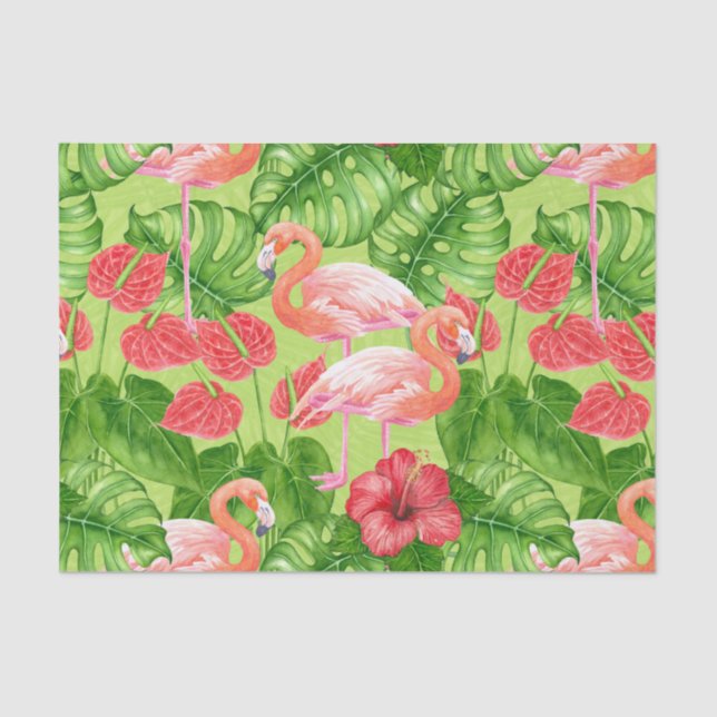 Papel De Seda Aves flamencas y plantas tropicales (Anverso)