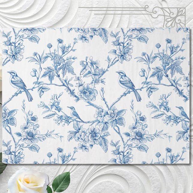 Papel De Seda Aves florales en Chinoiserie azul y blanco (Subido por el creador)
