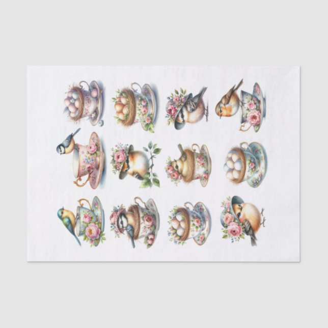 Papel De Seda Aves ricas con Gorras sentados en tazas de té (Anverso)