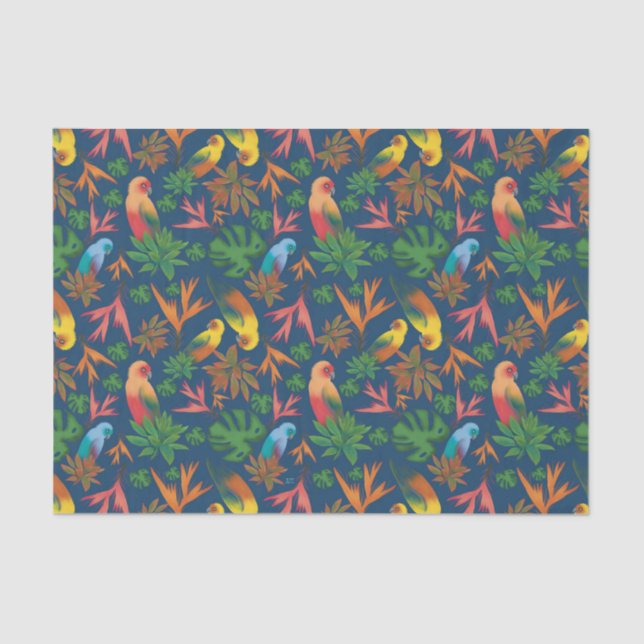 Papel De Seda Aves Tropicales Patrón Floral Azul (Anverso)