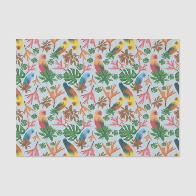 Papel De Seda Aves Tropicales Patrón Floral Pastel (Anverso)