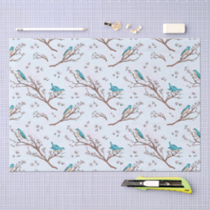 Papel De Seda Aves Vintage en Ramas de Flor de Cerezo