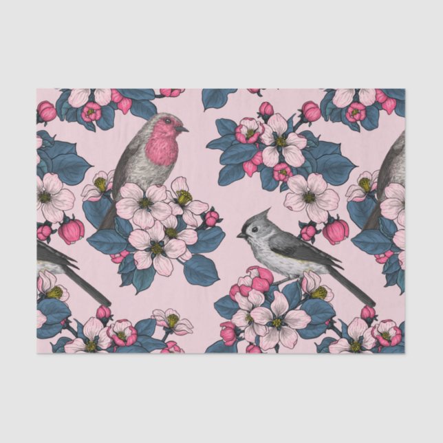 Papel De Seda Aves y flores en rosa (Anverso)