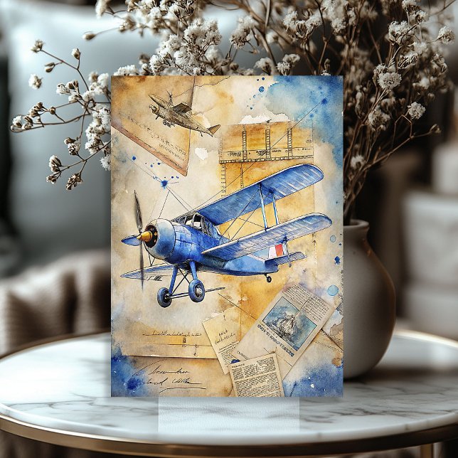 Papel De Seda Avión retro azul de viaje de verano acuático (Watercolor summer travel blue retro airplane tissue paper)