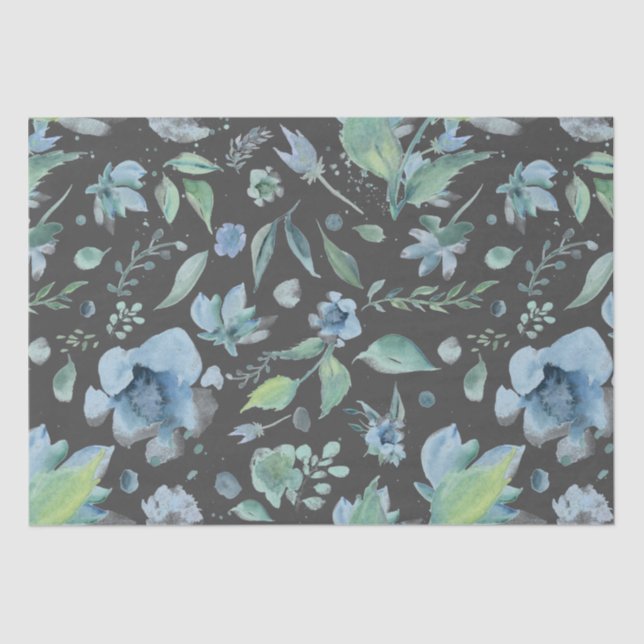 Papel De Seda Azul acuarela sobre floral gris oscuro (Anverso)
