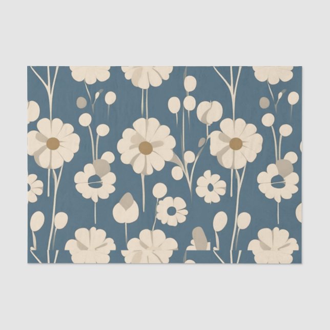 Papel De Seda Azul Beige Mid Century Floral Moderna (Anverso)