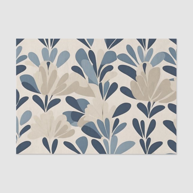 Papel De Seda Azul Beige Mid Century Floral Moderna (Anverso)
