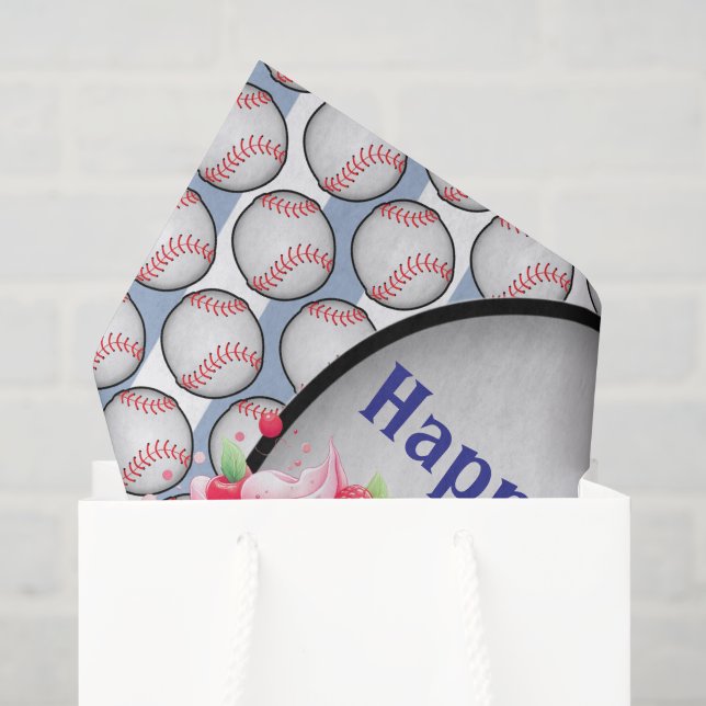 Papel de seda azul béisbol feliz cumpleaños  (Bolsa de regalo)