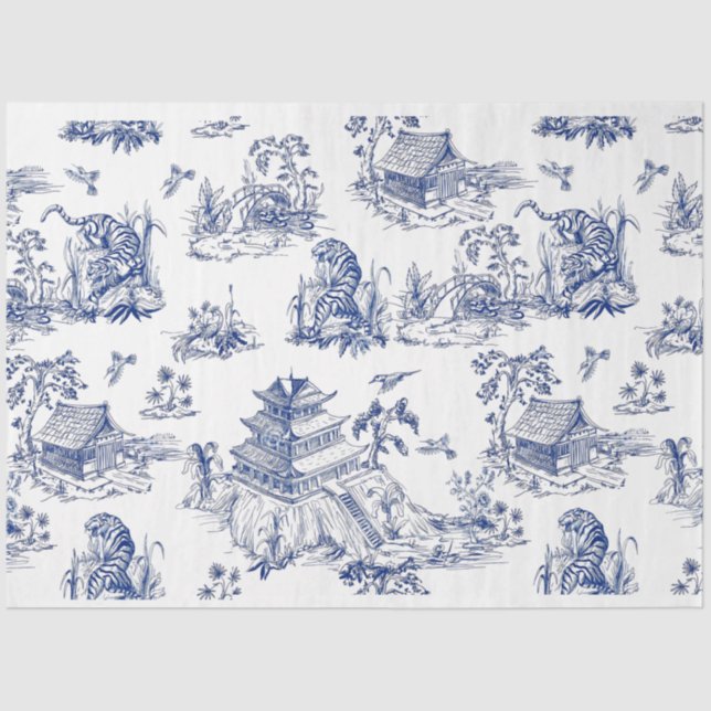 Papel De Seda Azul Chinoiserie Tiger Blue Flow Decoup (Anverso)