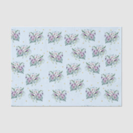 Papel De Seda Azul con flores moradas y puntos dorados