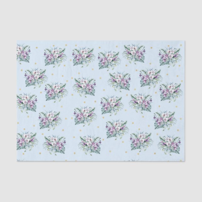 Papel De Seda Azul con flores moradas y puntos dorados (Anverso)