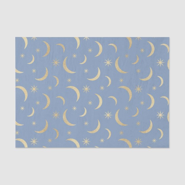 Papel De Seda Azul con lunas y soles de oro (Anverso)