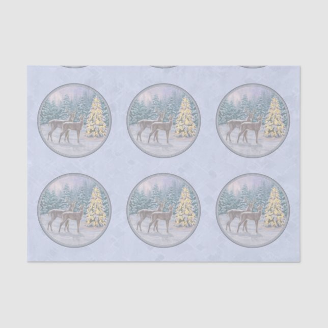 Papel De Seda Azul invernal de ciervo y árbol de Navidad (Anverso)