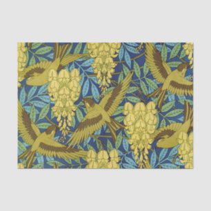 Papel De Seda Azul Marino Antiguo Pájaro y Patrón Floral Amarill