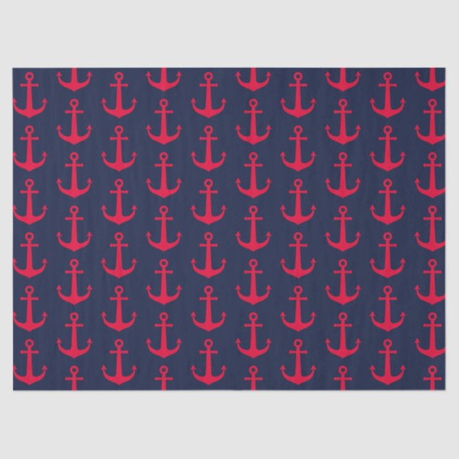 Papel De Seda Azul marino Nautical Red Anchors (Anverso)