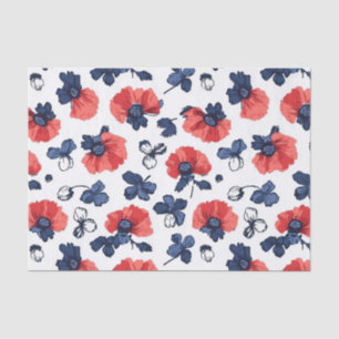 Papel De Seda Azul Marino y Amapola Coral Floral Vintage