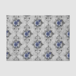 Papel De Seda Azul Marino y Floral Victoriano Damask Plateado