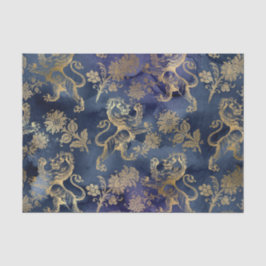 Papel De Seda Azul Marino y León Floral Dorado
