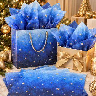 Papel De Seda Azul Ombré Estrellas Doradas Hanukkah 