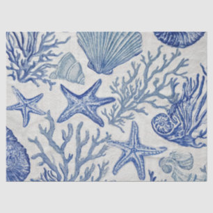 Papel De Seda Azul Patrón de Toile Costero con Coral de Conchas 