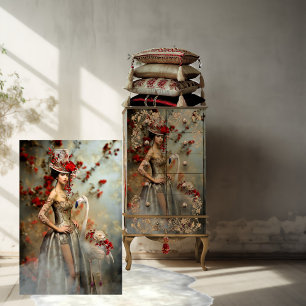 Papel De Seda Azul Polvoriento y Floral Rojo, Arte de Retrato y