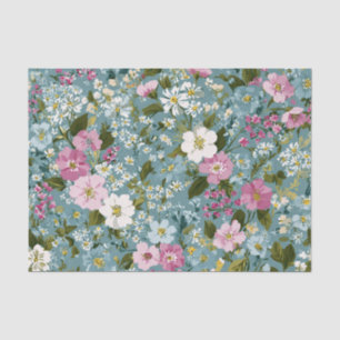 Papel De Seda Azul Verde Rosa Flores Pastel Boho Vintage Floral