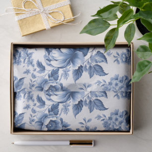 Papel De Seda Azul Vintage Blanco Patrón De Rosa Floral Botánico