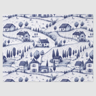 Papel De Seda Azul Vintage Toile - Árboles Arquitectura Pastoral