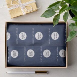Papel de seda azul y blanco con logotipo de empres