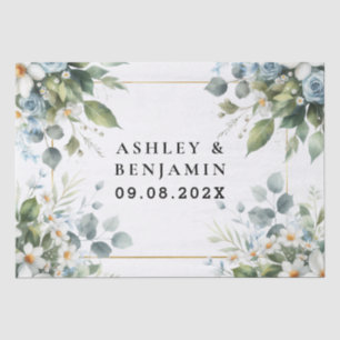 Papel De Seda Azul y Dorado Floral Elegante Acuarela Rústica
