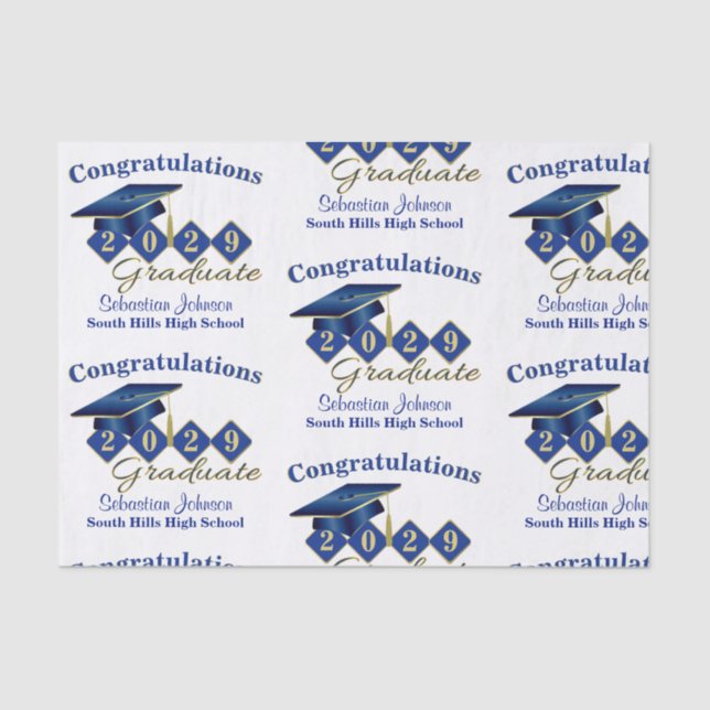 Papel De Seda Azul y oro de graduación personalizado (Anverso)