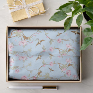 Papel De Seda Azul y rosa Chinoiserie Botánico Pájaros y Flor